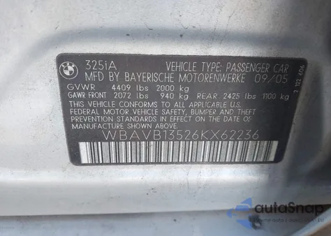 2006 BMW 325I из США, поврежденный, VIN WBAVB13526KX62236